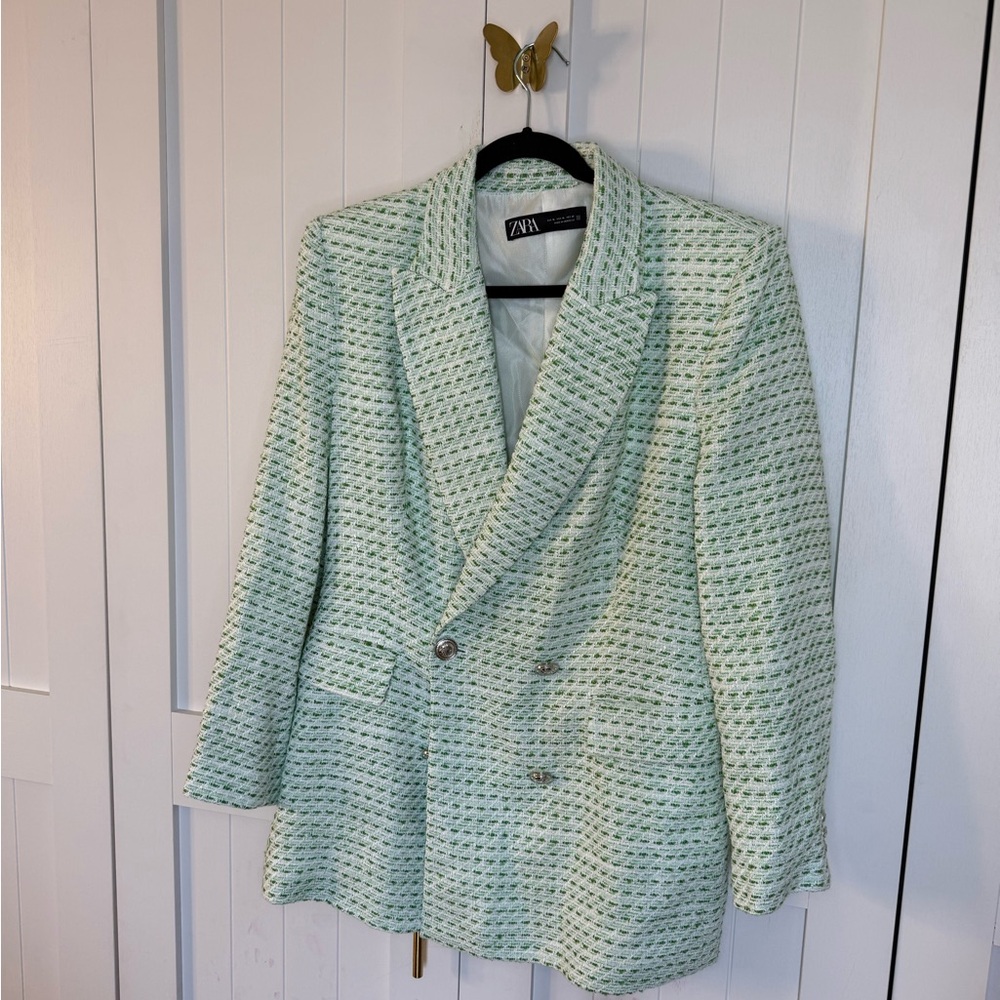 Zara Textured tweed  mint Light Green Blazer